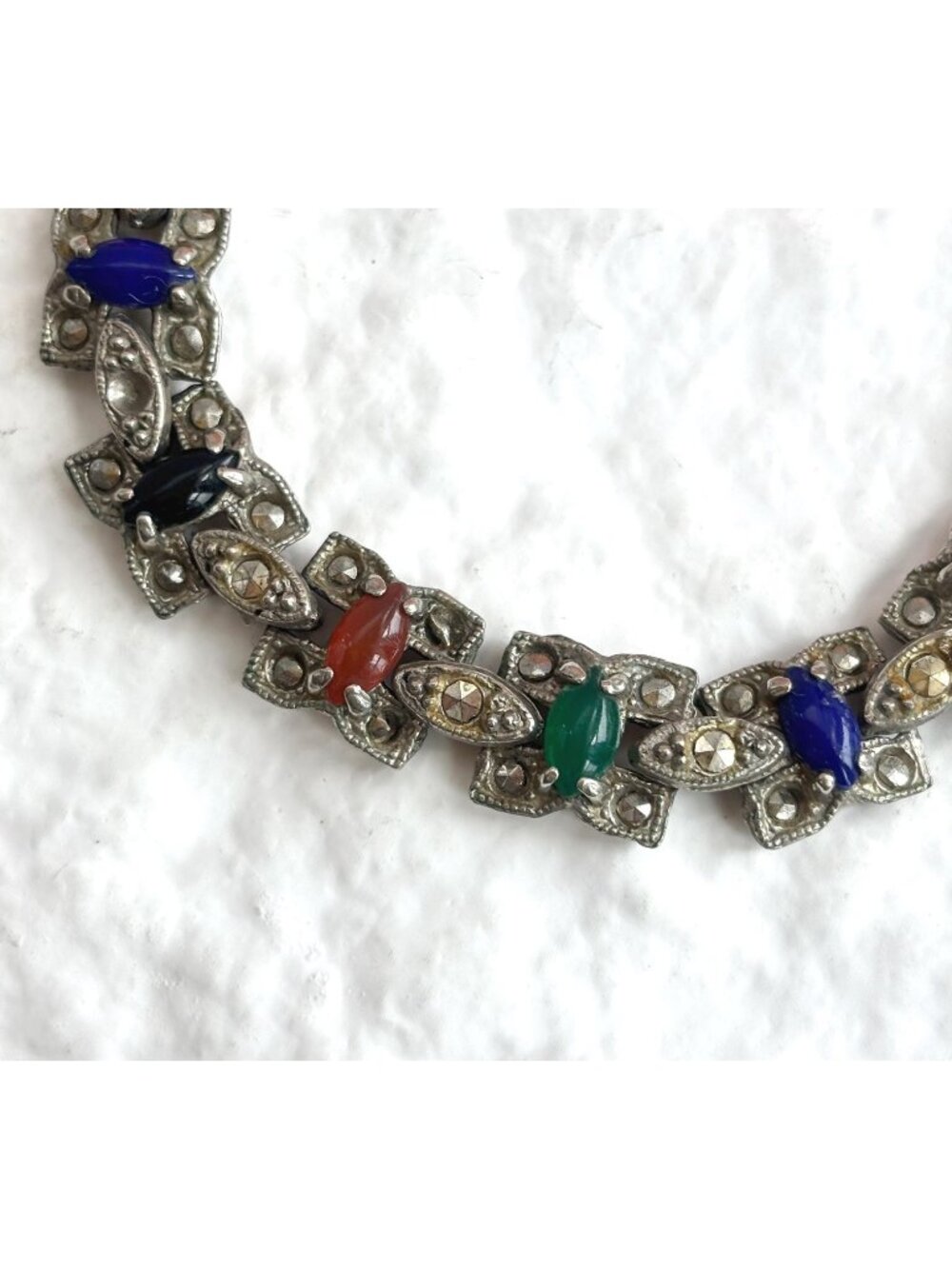 Art Deco Semi Rainbow Stone & Marcasite Vintage Chainlink Silver T Bracelet
